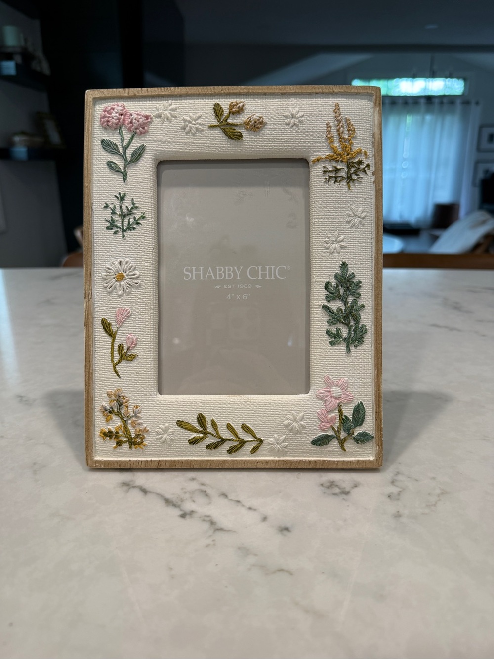 Shabby Chic White Embroidered Floral Frame with Pink & Green Accents
